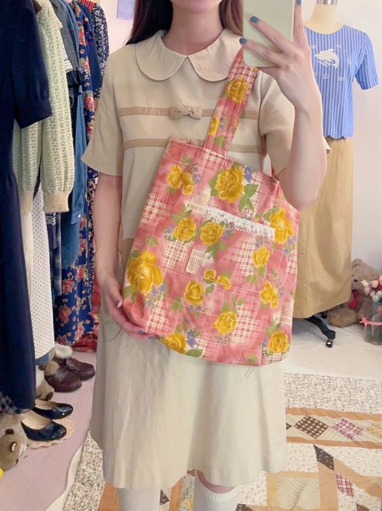 original / pink flower quilting tote bag