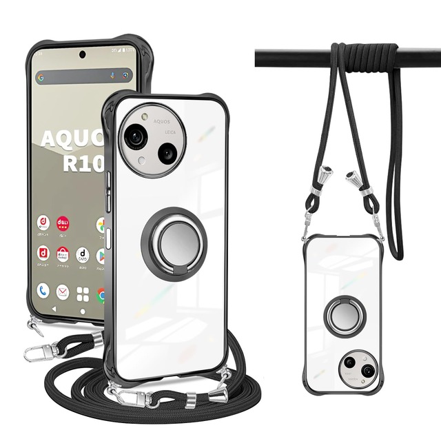 PAILAIMEN GAQUOS R10 SH-51F ケース クリア AQUOS R9 カバー ネック リング付き ショルダー aquos r10 ケース 耐衝撃 対応 A501SH SH-M31 スマホケース 肩掛け 斜めかけ 縄掛け 透明 TPU ストラップ付き 薄型 軽量 紐付き ネックストラップ ショルダー 肩掛け 縦/横 2WAY 長さ調整可能 取り外し可能 落下防止(ブラック)