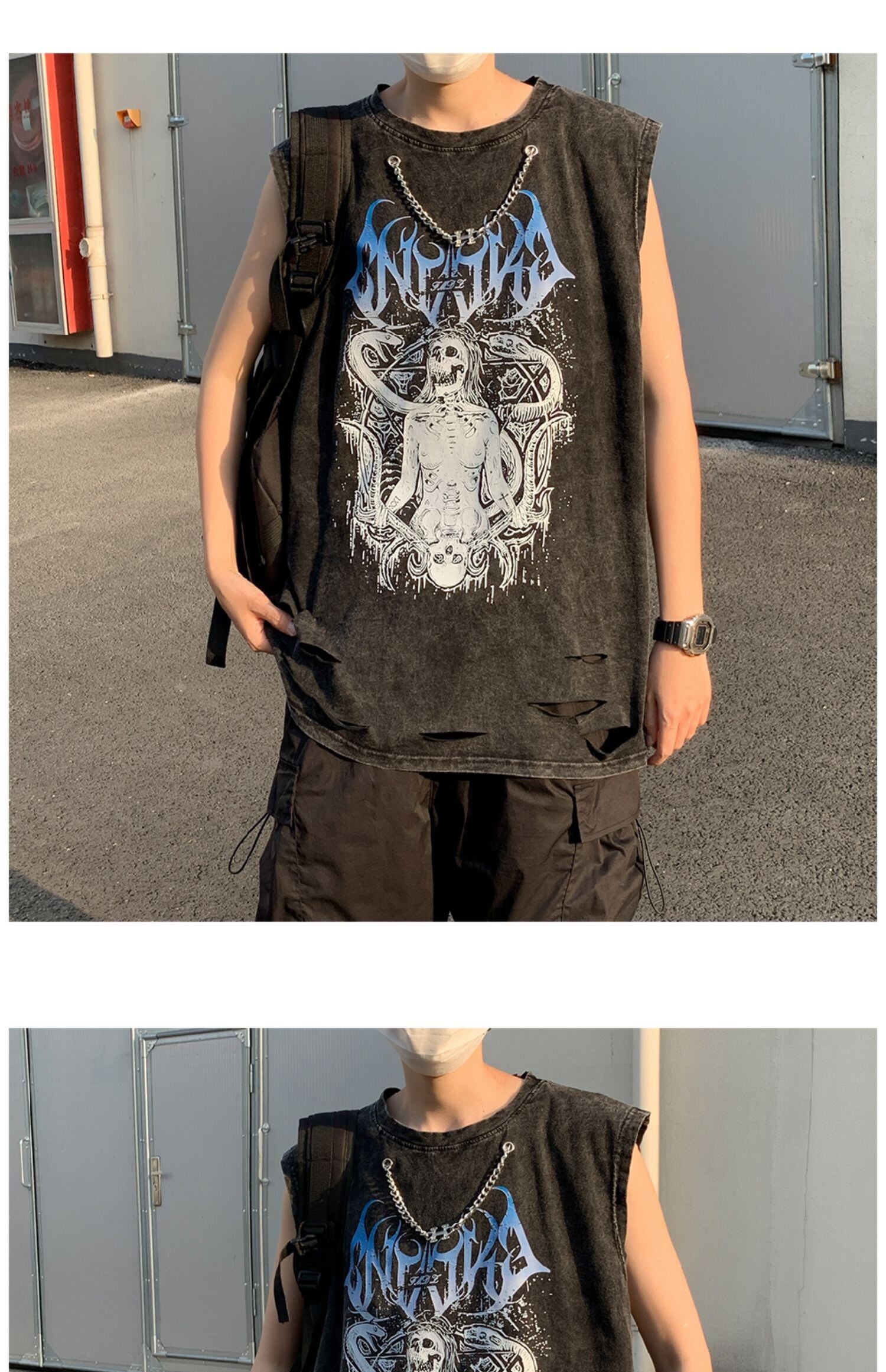 病みかっこいい ネックレス付き ドクロタンクトップ ヴィンテージ風