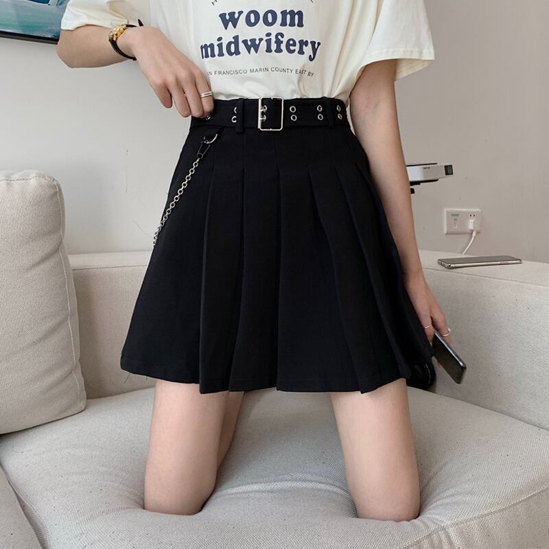 ブラックプリーツ薄手ハイウェストウェストAラインスカート スプリングチェーン 春物 スーパーモール93597489062