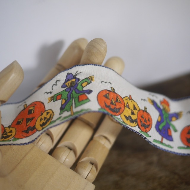 ハロウィーンリボン50cm　ワイヤー入り　パンプキンとかかし　ドイツヴィンテージ