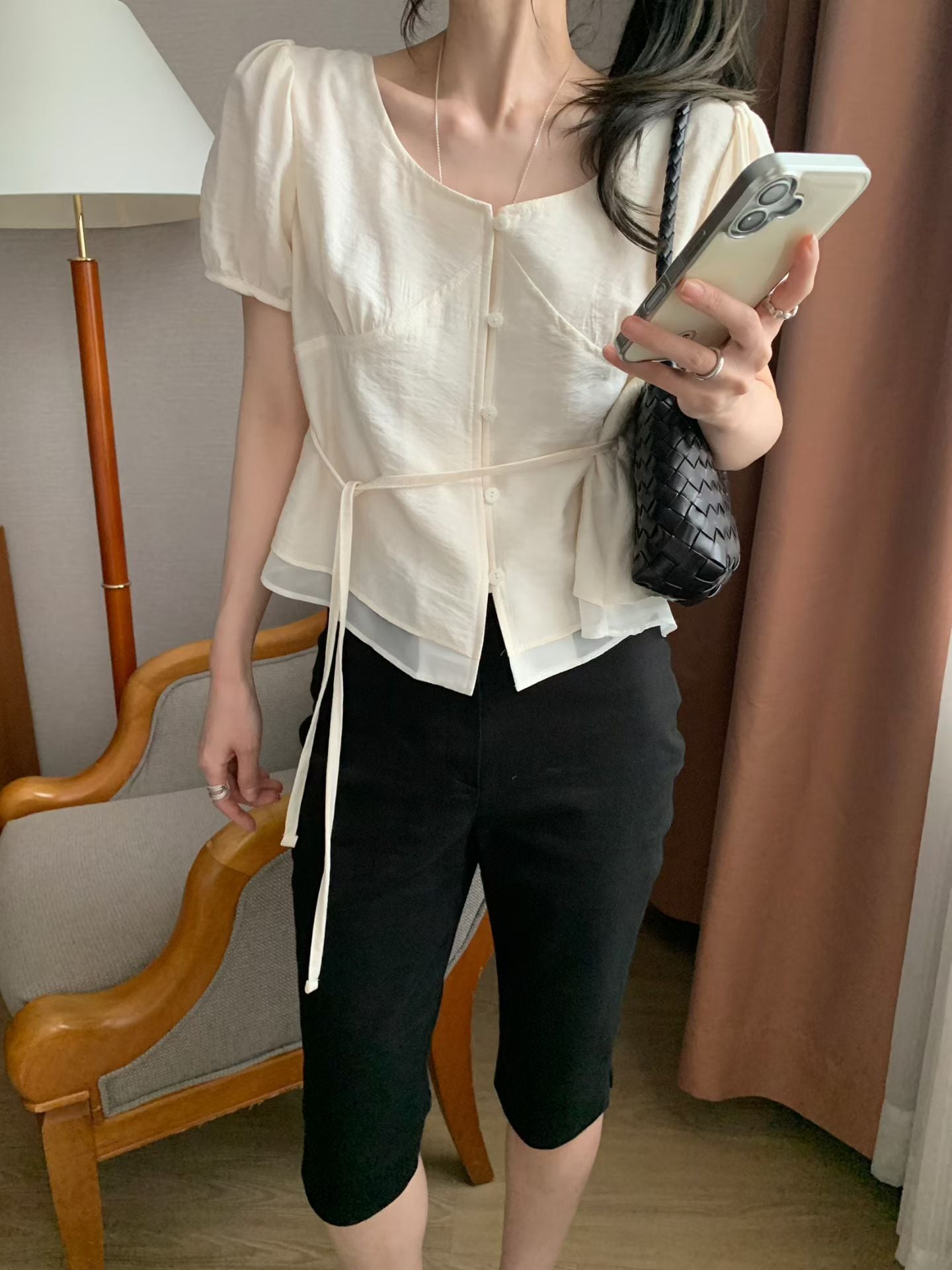 (予約)mellounge / Half Lumi Shirring Blouse / 3color