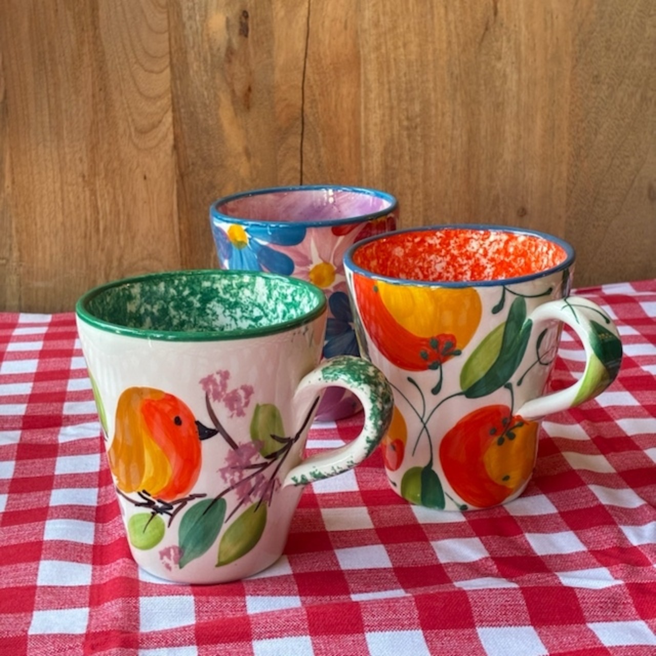 Spain ARTESANIA LEON Hand Painted Ceramic Tapered mug　スペイン　アルテサニアレオン　ハンドペイント陶器　テーパーマグカップ　全3種　バード　フラワー　オレンジ