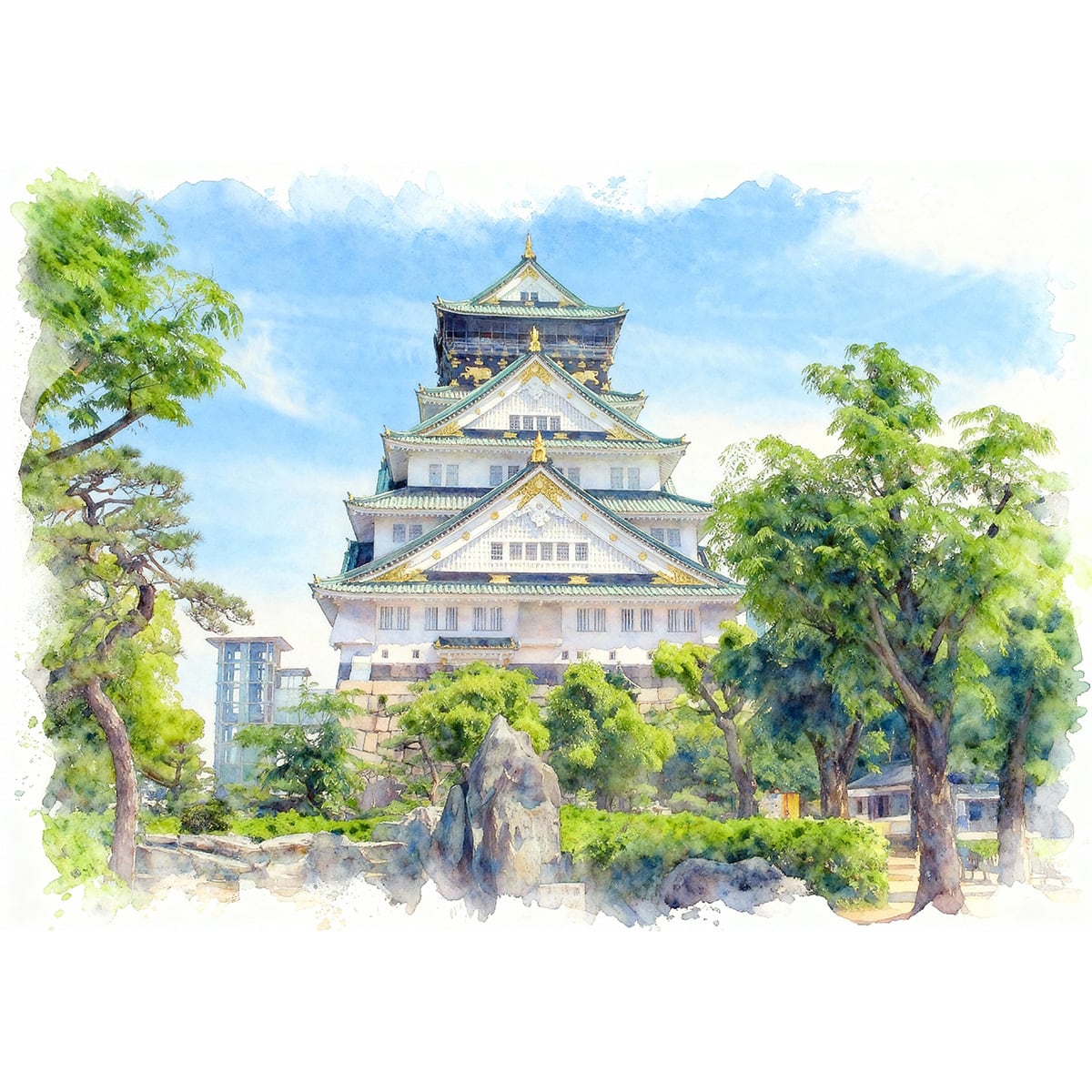 絵画 風景画(街並み) 日本の城 大阪府 大阪城 インテリアアート額付き 水彩画・油絵風 WAT1568