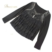 【美品 社交ダンス衣装】トップス レッスンウェア 練習着 黒 ブラック 花柄 レース ラインストーン フリル 華やか 長袖 豪華