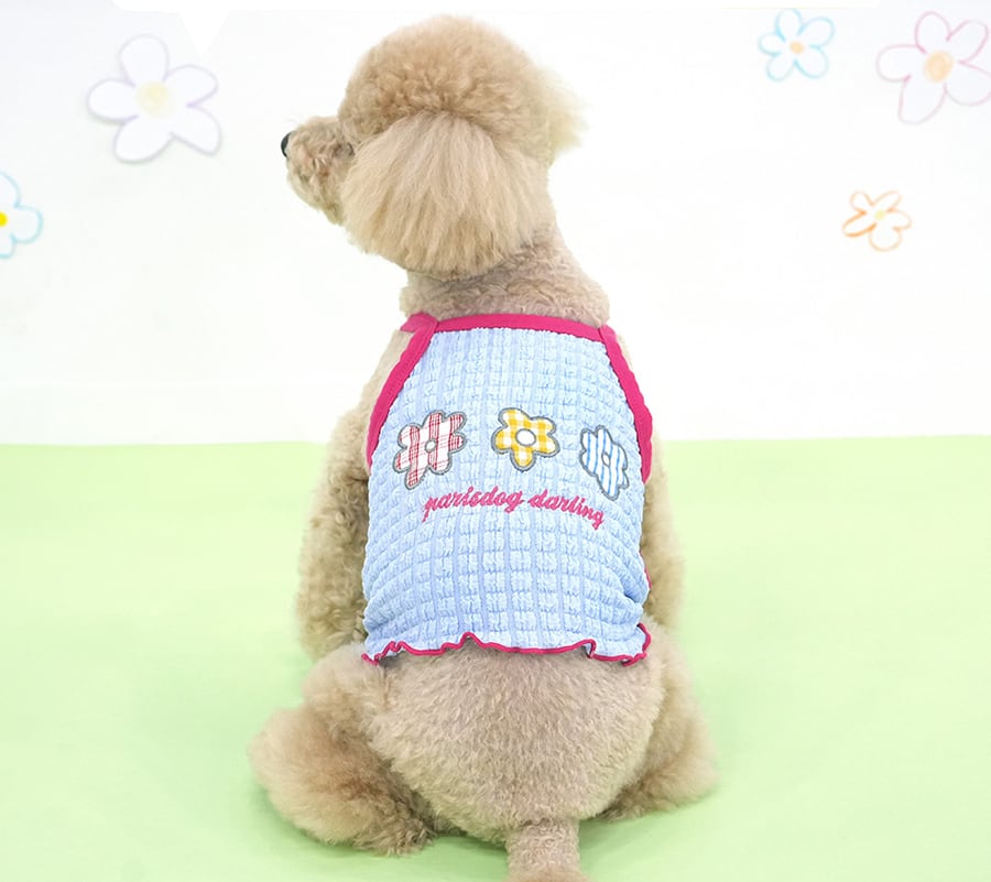 【予約商品5％OFF】triple flower bubble crop t-shirt S ~ XL 2color  /  犬服 春夏 新作 可愛い 犬の服 Tシャツ ショート丈 トップス crop top お揃い ドッグウェア 涼しい ストレッチ シンプル