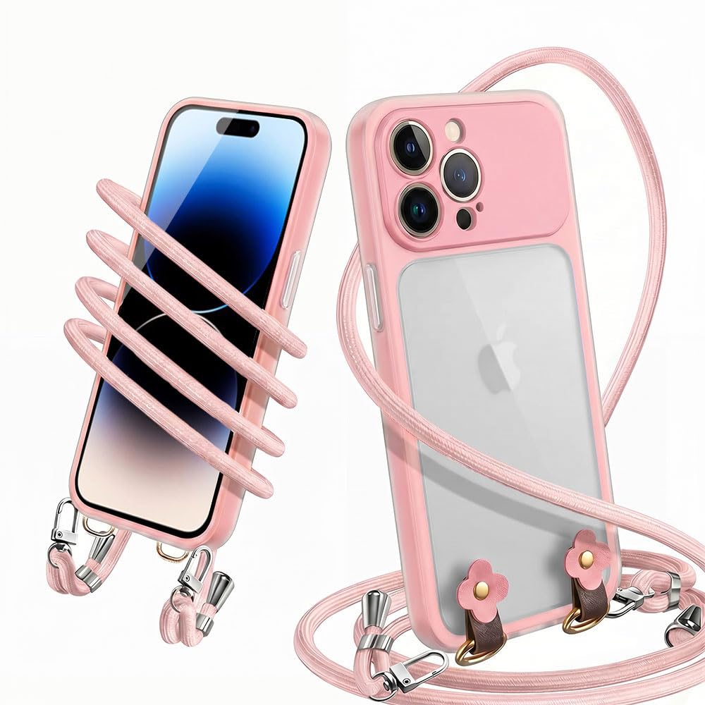 対応 iPhone 14 Pro ケース ショルダー 半透明 薄型 耐衝撃 可愛い 花柄デザイン(ピンク)