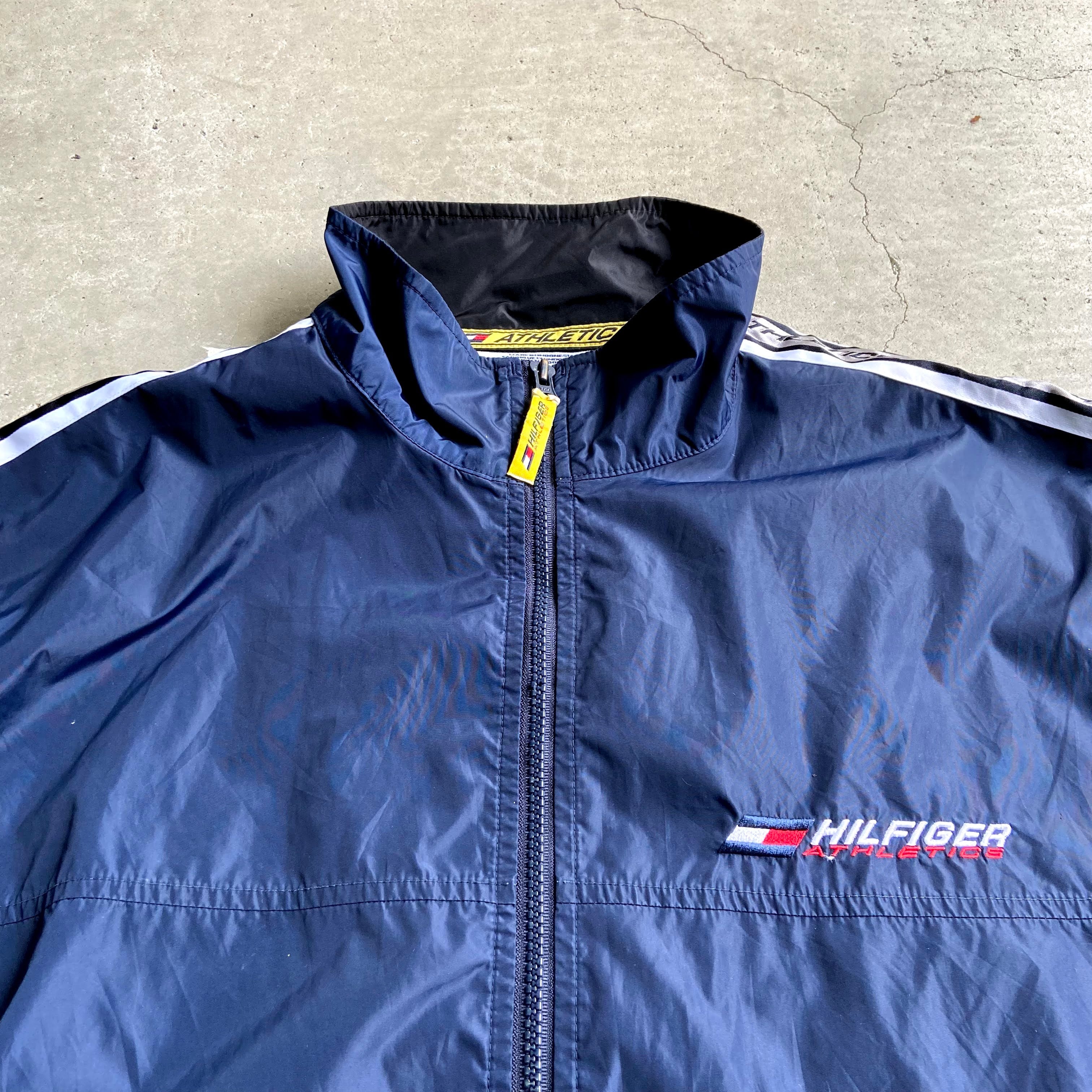 90年代 HILFIGER ATHLETICS トミーヒルフィガー 袖ロゴライン ナイロンジャケット メンズXL相当 古着 TOMMY 90S  ビンテージ ヴィンテージ ネイビー 紺色【ナイロンジャケット】【CS2211-40】 | cave 古着屋【公式】古着通販サイト