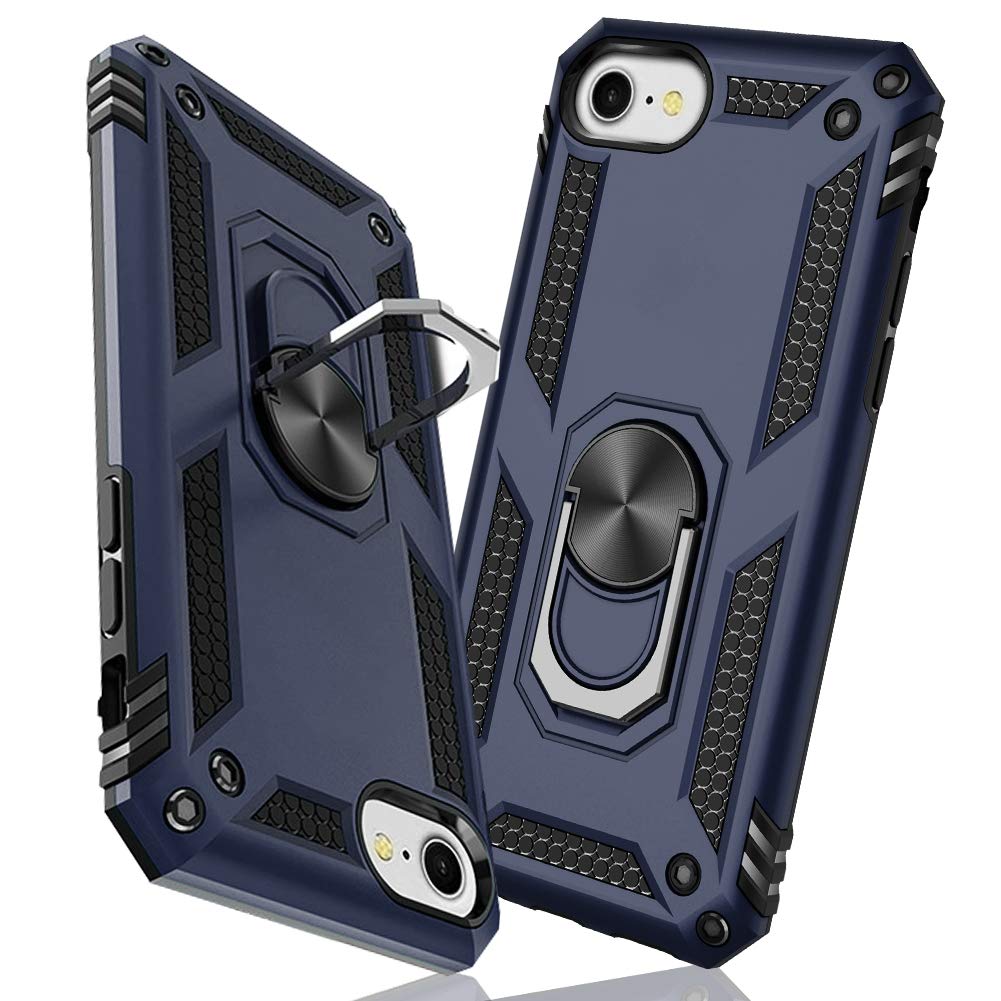 TMUJWS iPhone 7/iPhone 8/iPhone SE 用ケース 第2世代【2020年新型】リング 耐衝撃 衝撃吸収 傷防止 全面保護 カメラ保護 スタンド付き TPU+PCバンパー 指紋防止対策 二重構造 360度回転 防塵 車載ホルダー対応 黄変防止 米軍MIL規格 軽量 薄型 耐傷性 安心保護 滑り止め 人気 携帯カバー 青 MZ61-02