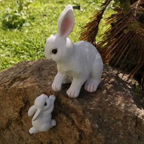 ウサギ 親子 ママ 赤ちゃん イースターバニー 花の冠 イースター 置物 オブジェ ガーデン 装飾 彫像 可愛い ２種類 ホワイト グレー