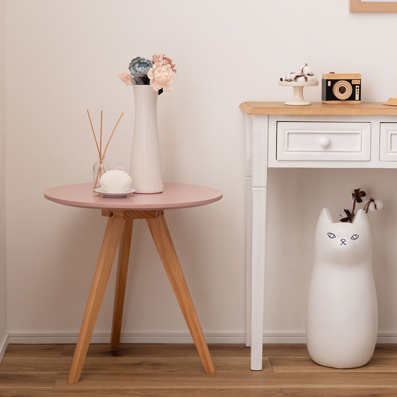 ラウンド サイドテーブル 天然木 くすみカラー