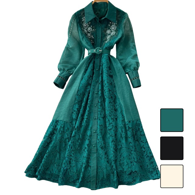 刺繍レースベルトデザインシャツワンピース 3color L2212