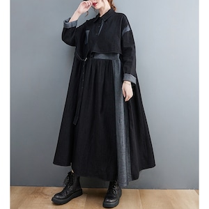 DENIM CONTRAST DESIGN A-LINE LONG DRESS 1color M-4342