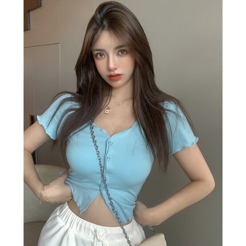 ショートTシャツ スリムVネックブラウス サマー 大人ガーリー スウィート キュート カジュアル 夏物 ガールズファッション92953992754