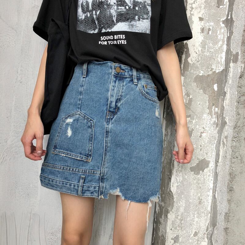 不規則なデニムスカート女性2020年春夏新バージョンのハイウエスト細いAラインスカートパーソナリティオールマッチショートスカート YY-ファッション62007602236