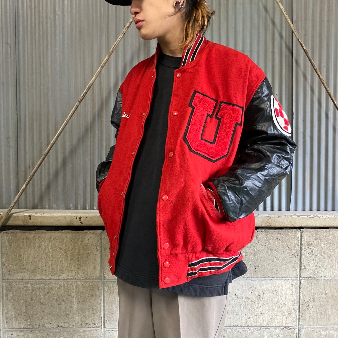 Balfour ワッペン付き 袖革 ウールスタジャン メンズxl相当 古着 中綿入りキルティングライナー アワードジャケット レッド ブラック 赤 黒 ブルゾン ジャケット Sa30 Cave 古着屋 公式 古着通販サイト Max50 Off Sale 開催中