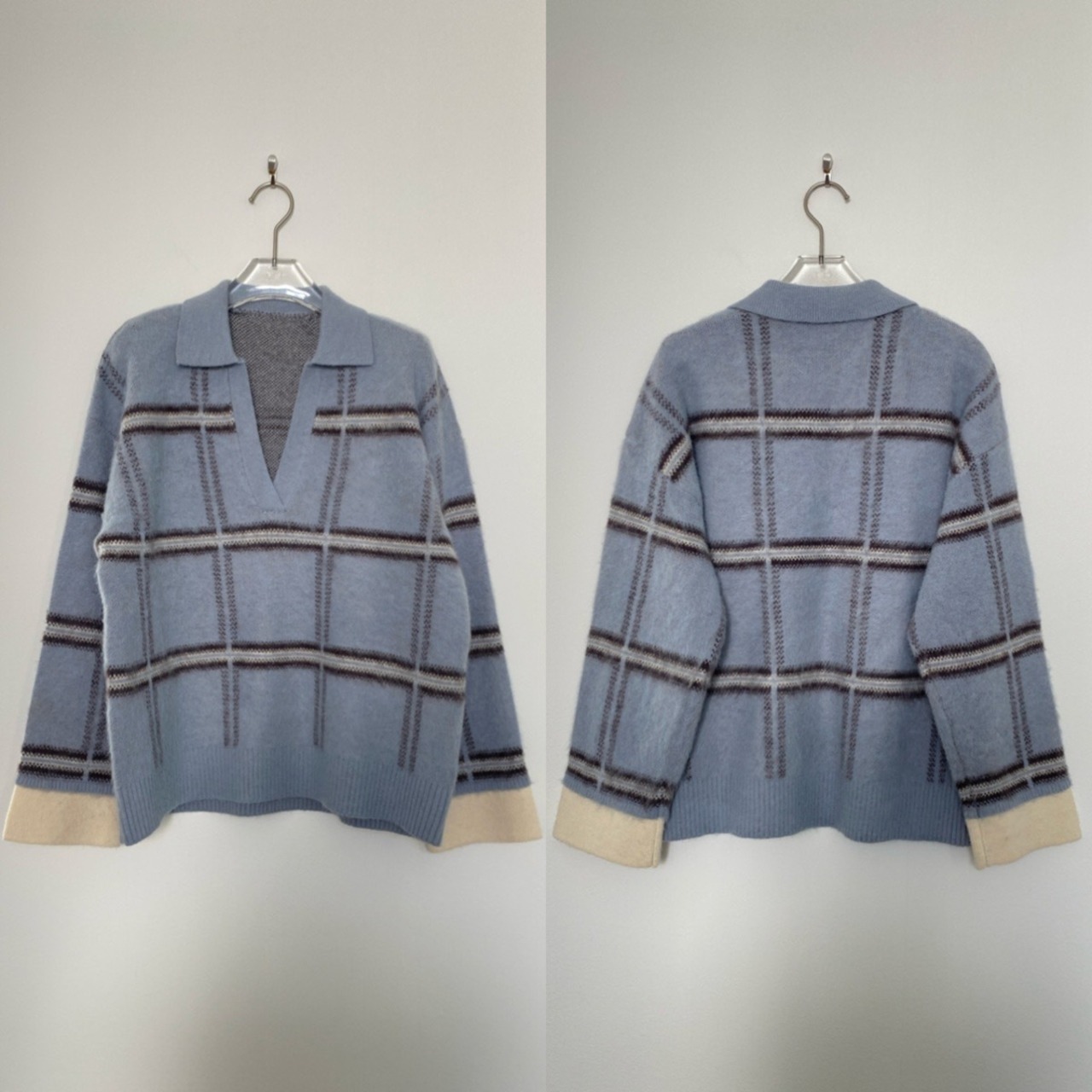 チェック柄スキッパーモヘアタッチknit/ペールブルー