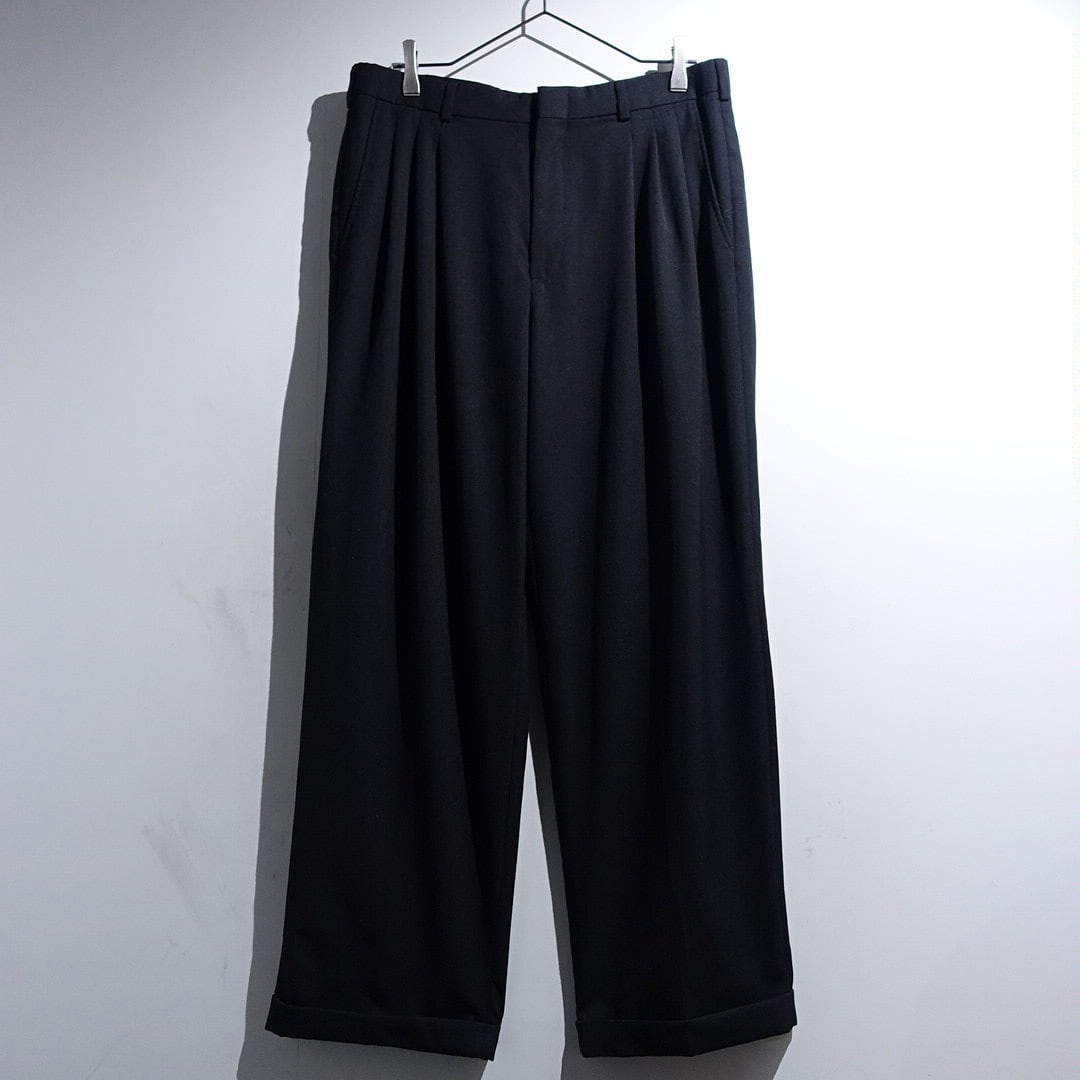 90s "CITY STREETS" Black Wool 3-Tuck Wide Straight Slacks