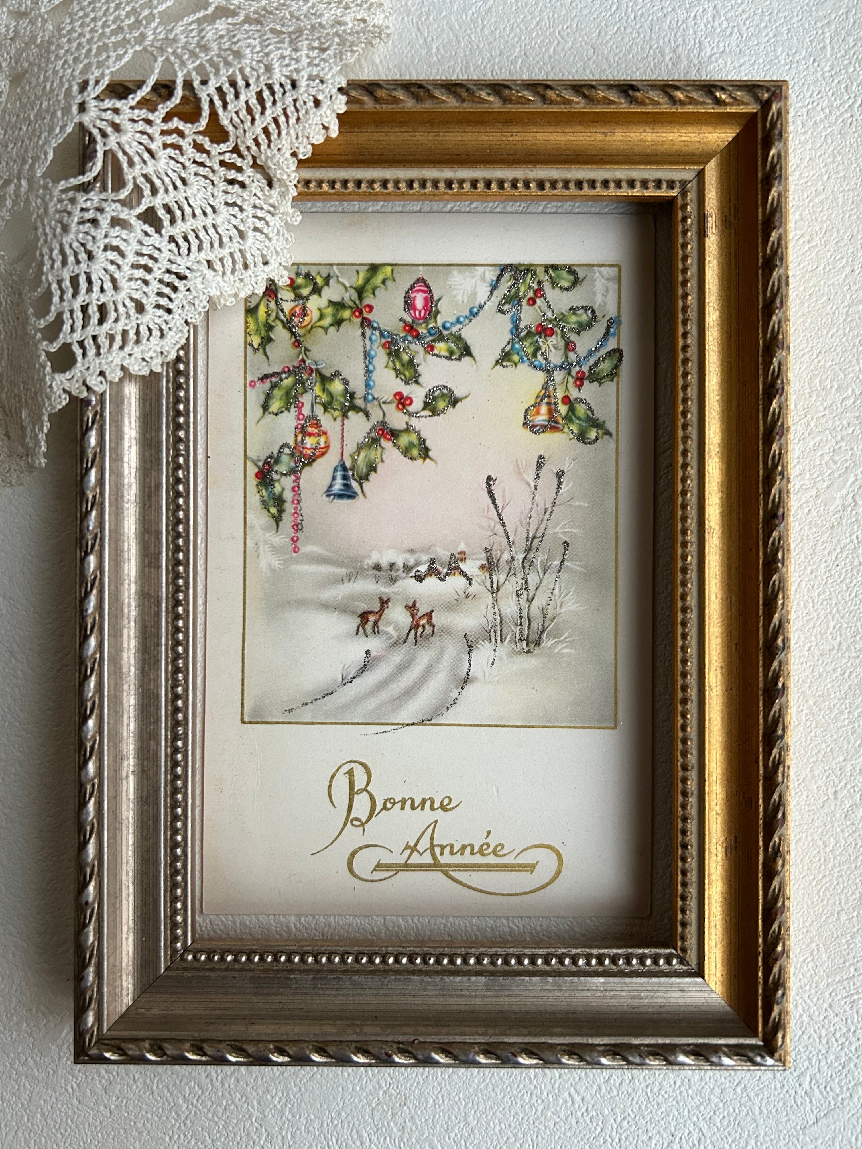 アンティークポストカード Bonne Anee 雪景色 クリスマスベル 鹿 柊