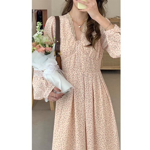 フローラルドレス スタイルウェストVネックレースシフォンロングスカート 花柄 77style65576143210