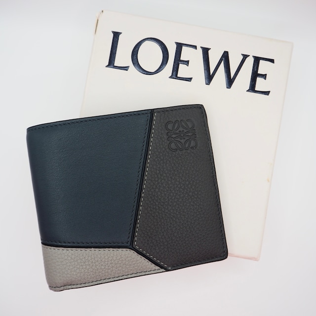 【現行品】LOEWE パズル バイフォールド コインウォレット アッシュグレー ネイビー クラシックカーフ ロエベ 付属品付き