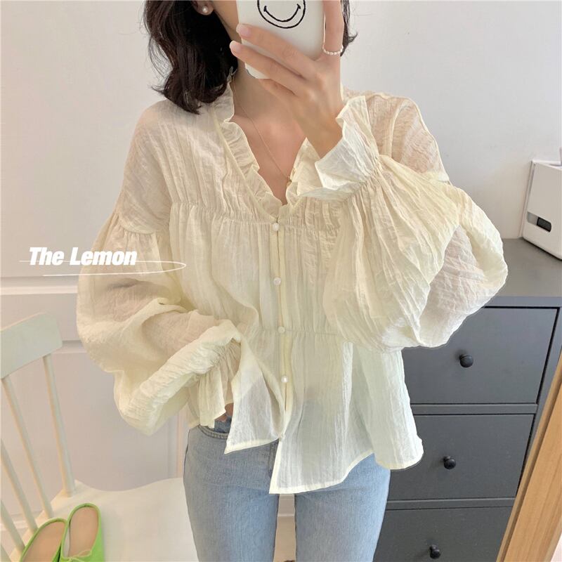 レースVネックボタンシャツ ルーズスリーブスプリングトップス レディース レッド 春物 ビッグFスモールZ韓国39820134987