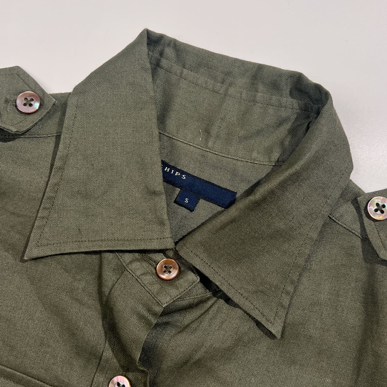 リネン 100% SHIPS シップス エポレット付き ミリタリー サファリ シャツ ジャケット サイズ S /カーキ系 レディース