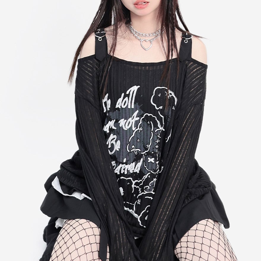 地雷 甘辛MIX オフショル 長袖シャツ Catwish ストリートファッション