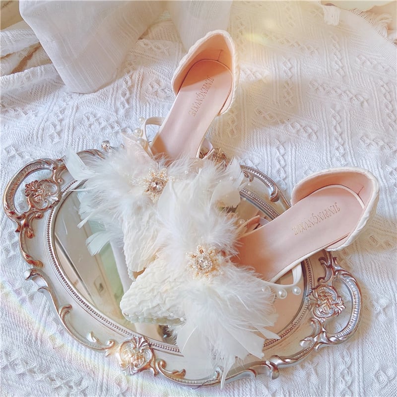 白羽に舞う夢フェザービジューヒールパンプス■A7