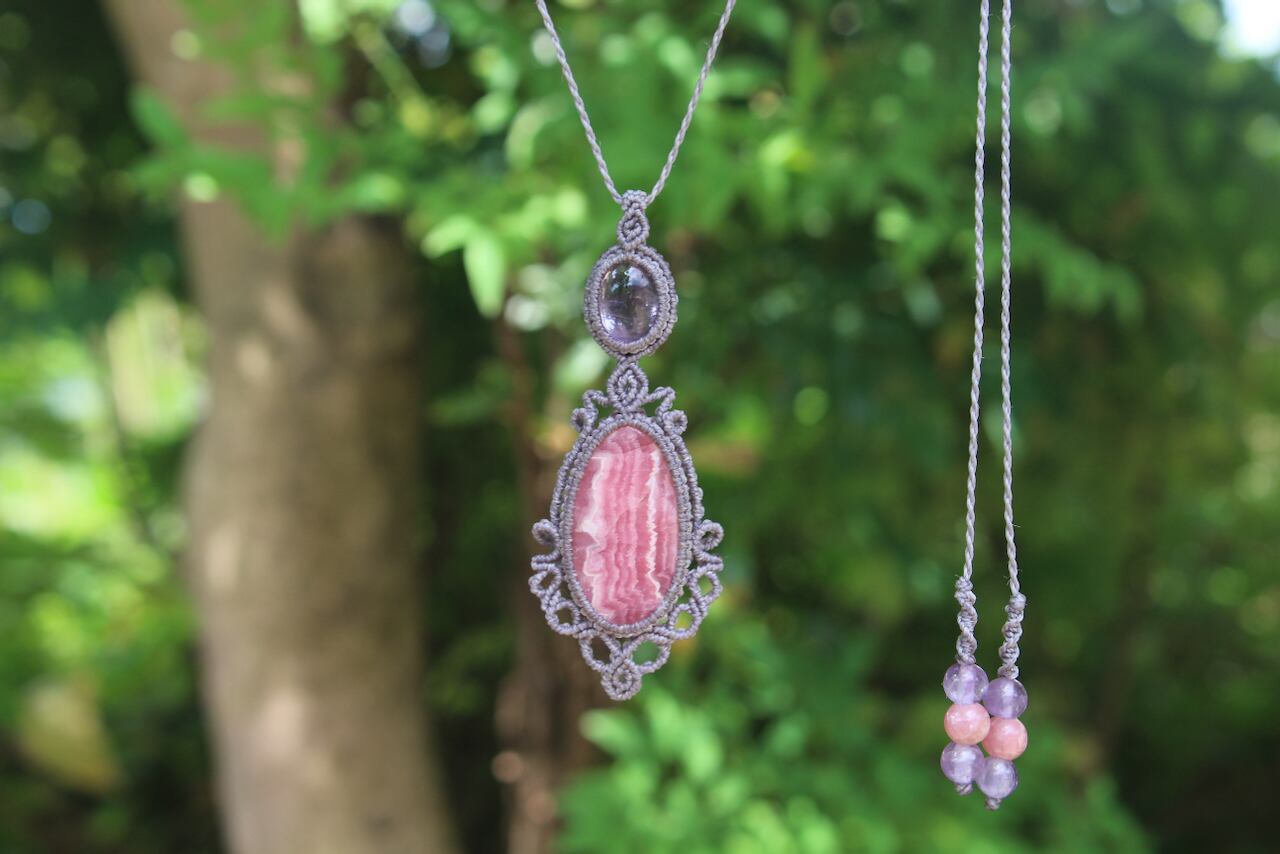 Rhodochrosite & Amethyst micro macrame pendant