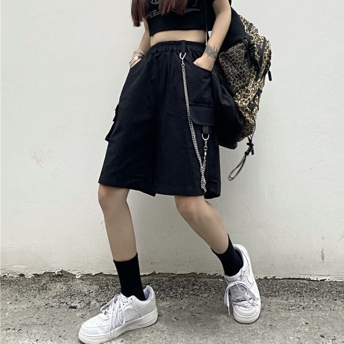 サマースタンダードルーズショーツ レディースカジュアルパンツ ブラックハイウェスト レトロ ストリート 夏物 ブルマー ケッペル5462214895