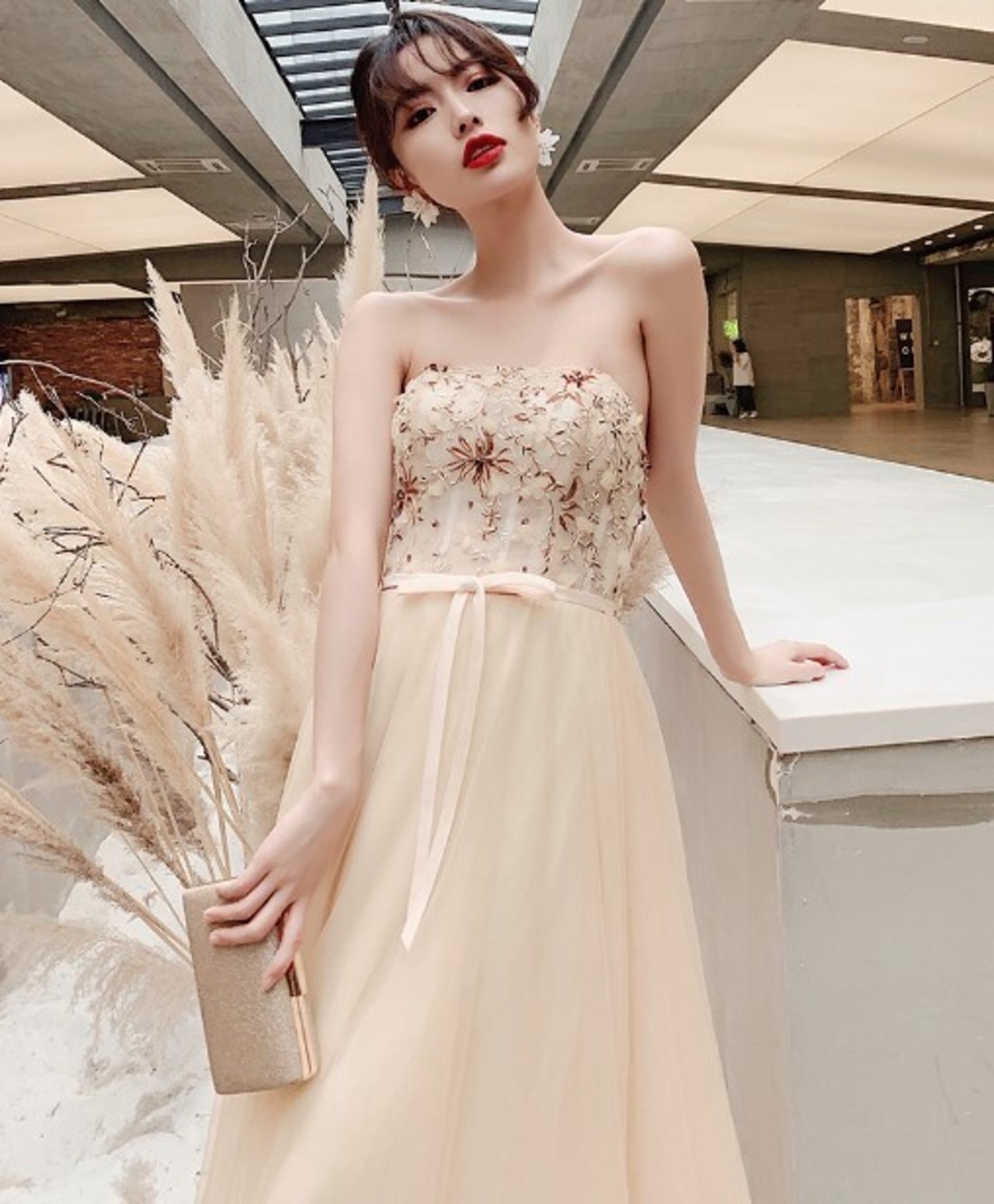 美品！ パーティードレス シャンパン色 ベアトップ ロング エレガント  