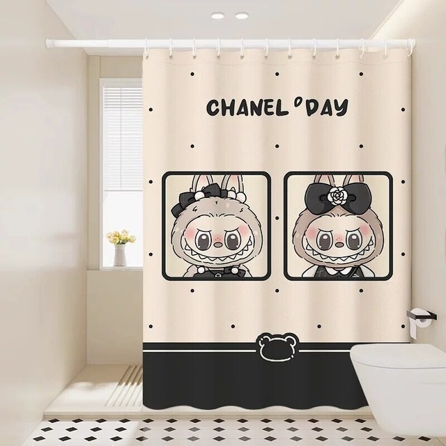 お風呂がもっと楽しくなる！ラブブの防水カーテン かわいいイラスト 洗面所やバスルームの目隠しに 穴あけ不要 リングと結束バンド付き