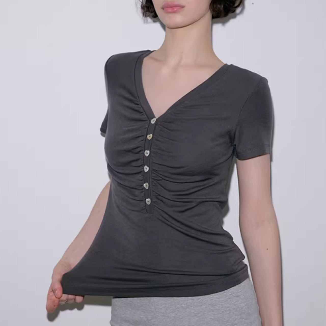 Vネック ギャザー 半袖 プルオーバー カットソー 00196・画像5