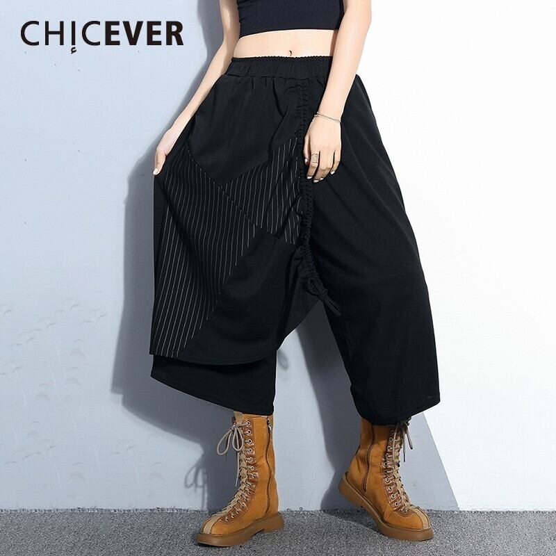 CHICEVERルースウィミンパンツ2020春のストライプパッチワーク伸縮性ウエストスリムふくらはぎ丈ワイドレッグパンツ エラスティック スプリング 春物 ワイドパンツ 6base566989296089