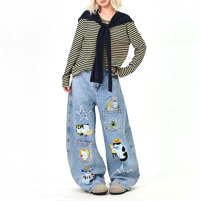 キャットアートエンブロイダリーデニムパンツ
1col R01651
