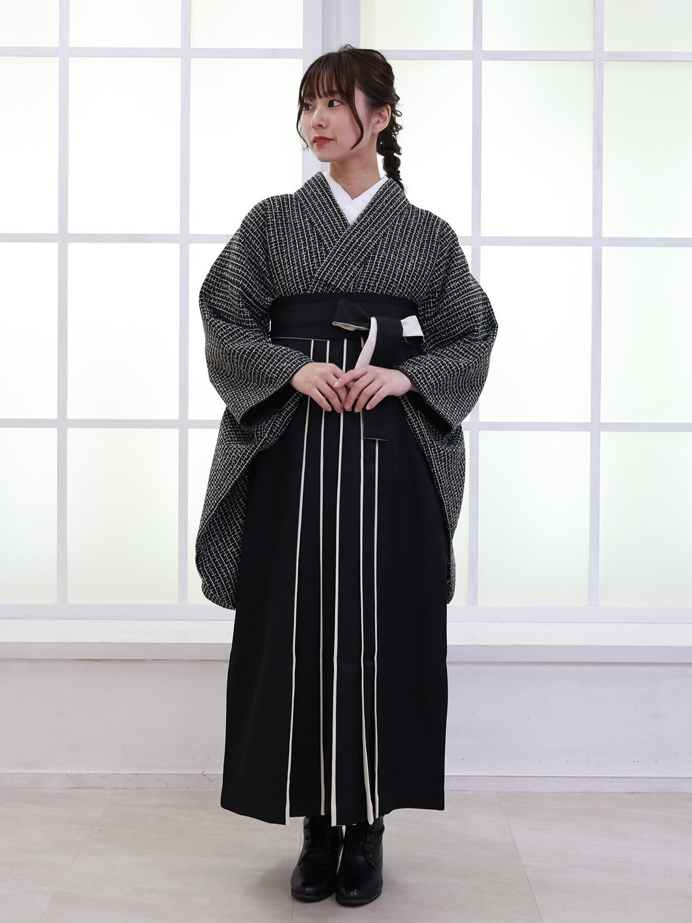 【ozu.、長襦袢セット】振袖 身長159-174cm 黒 bk-050 卒業袴】二尺袖・袴・長襦袢・帯 4点セット ツイード 黒 × バイ
