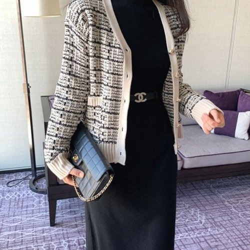 カーディガン ニット レディース ツイード Vネック エレガント 秋 冬 ゴールドボタン オフィスカジュアル 通勤 韓国 ファッション カーディガン ニット レディース ツイード Vネック エレガント