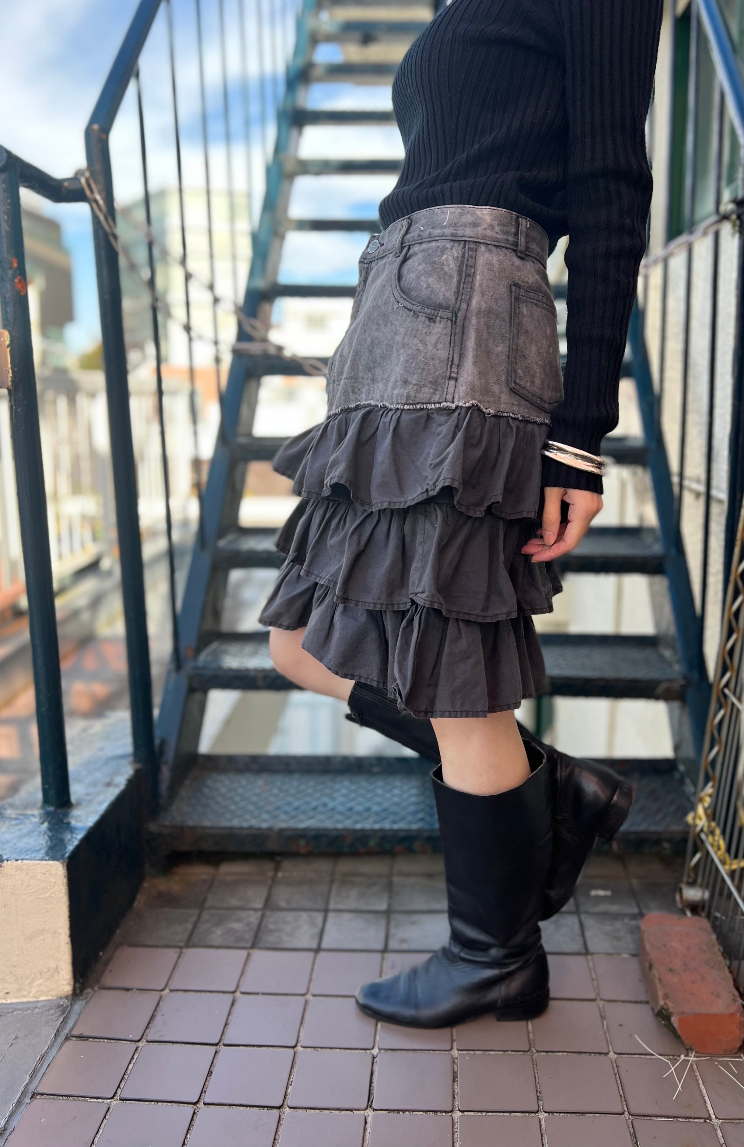 Vintage black demim frill skirt ( ヴィンテージ ブラック デニム