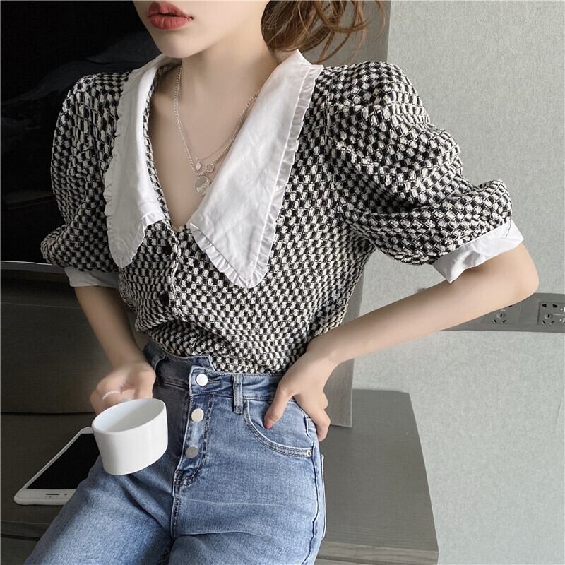 ルーズ薄手カラーシャツ サマースタンダード格子柄カーディガンジャケット レトロ 夏物 ガールズファッション18118660886