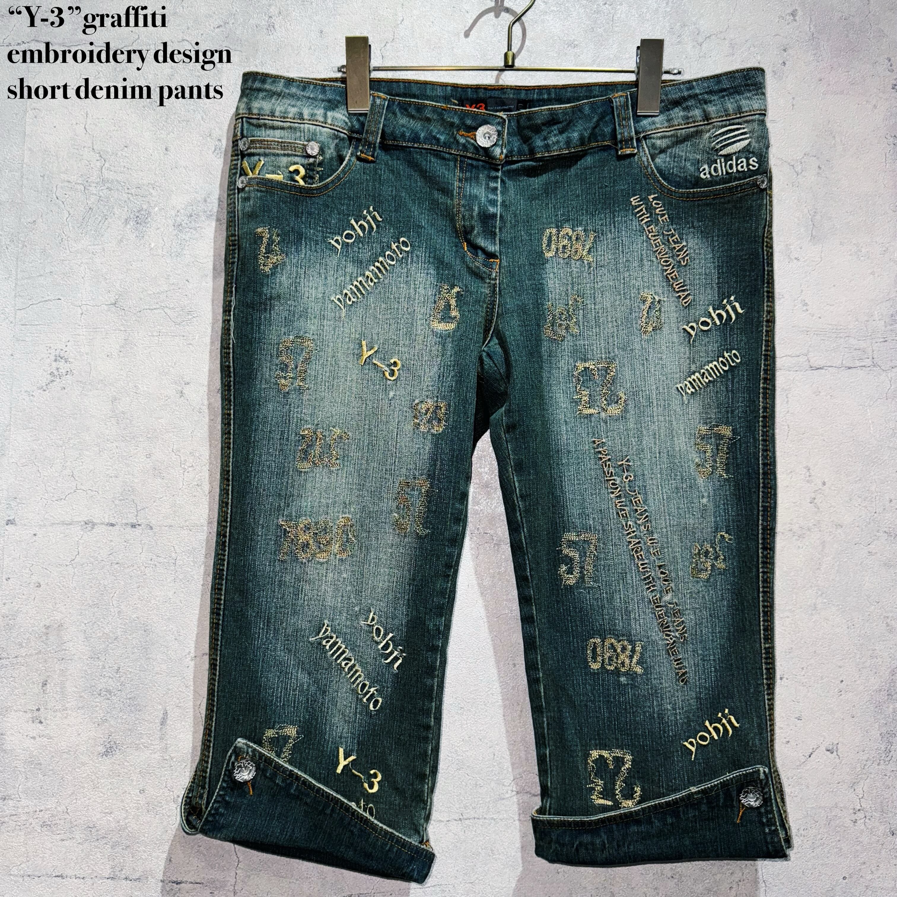 “Y-3”graffiti embroidery design short denim pants