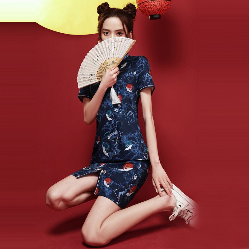 Shengweiシリーズ ショート丈チャイナドレス 鶴 ワンピース スリム 夏 半袖 中華服 大きいサイズ ネイビー Elegant