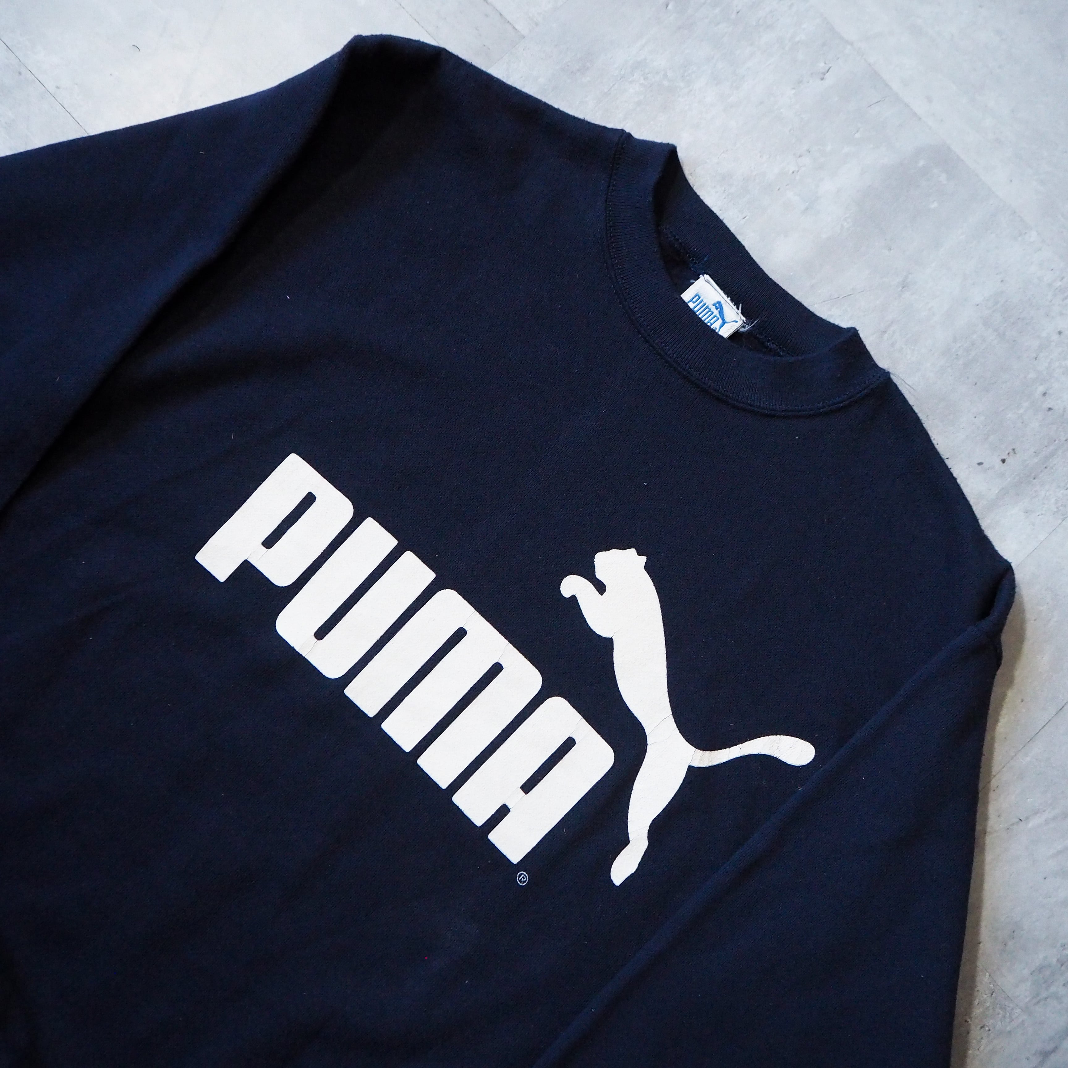 80s-90s “PUMA” logo dark navy sweat shirt made in USA 80年代 90 ...