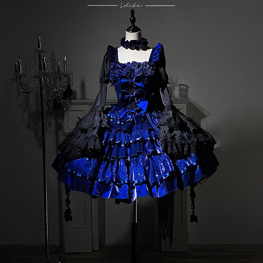 【受注生産 納期120日】ゴスロリ 青の薔薇 夜蝶ドレス セットアップ 姫袖シャツ ジャンパースカート イベント衣装