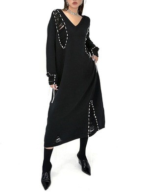 V-neck fringed distressed knit dress [T2671]