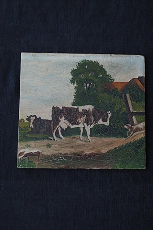 うららか 牛と牛追い犬-oil painting plate