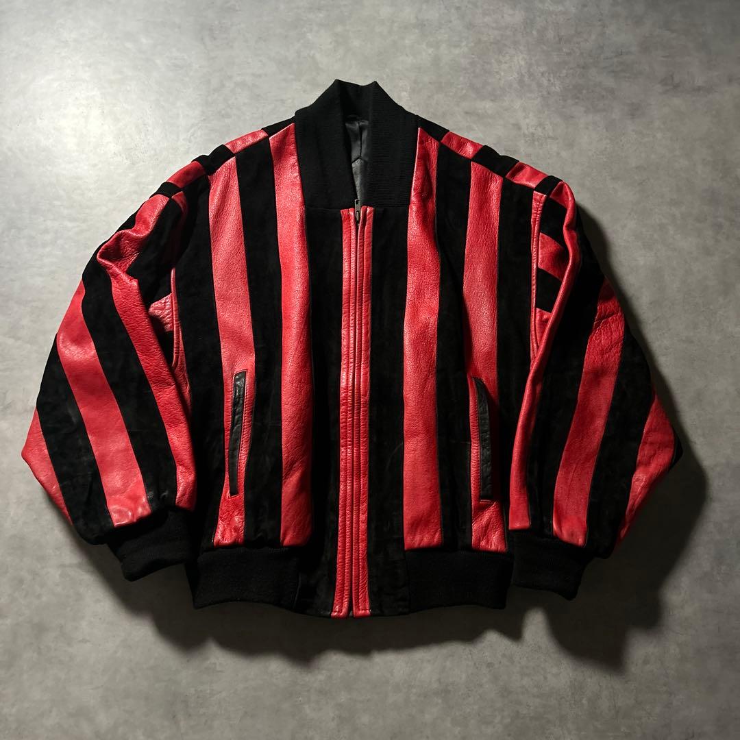 【NA】ヴィンテージ レザー ストライプ ボーダー レーシングジャケットブルゾン