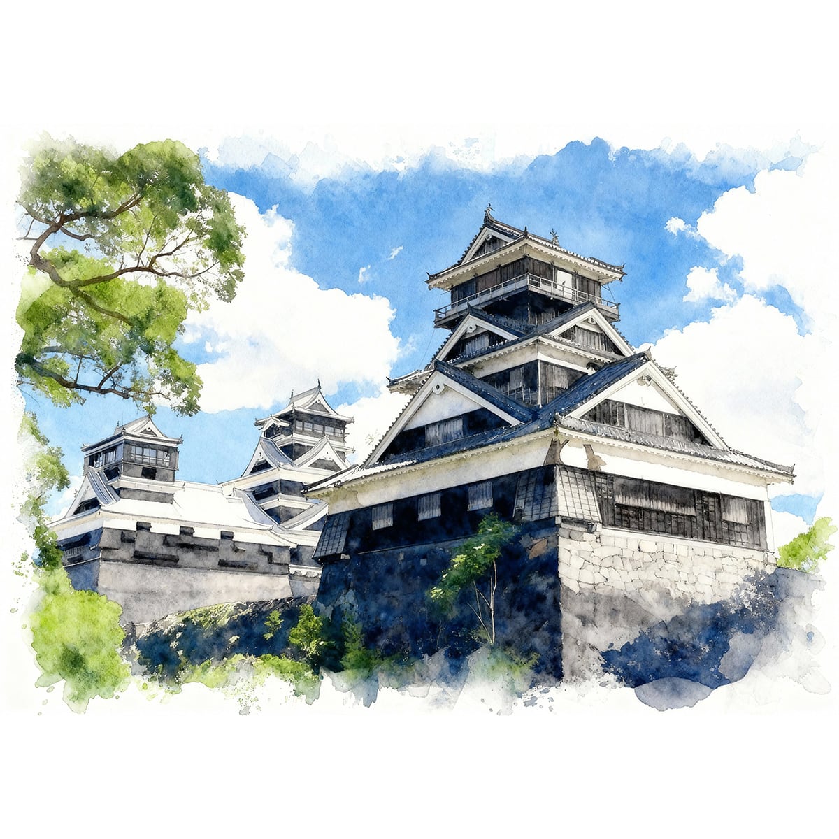 絵画 風景画 日本の城 熊本県熊本城 インテリアアート額付き 水彩画