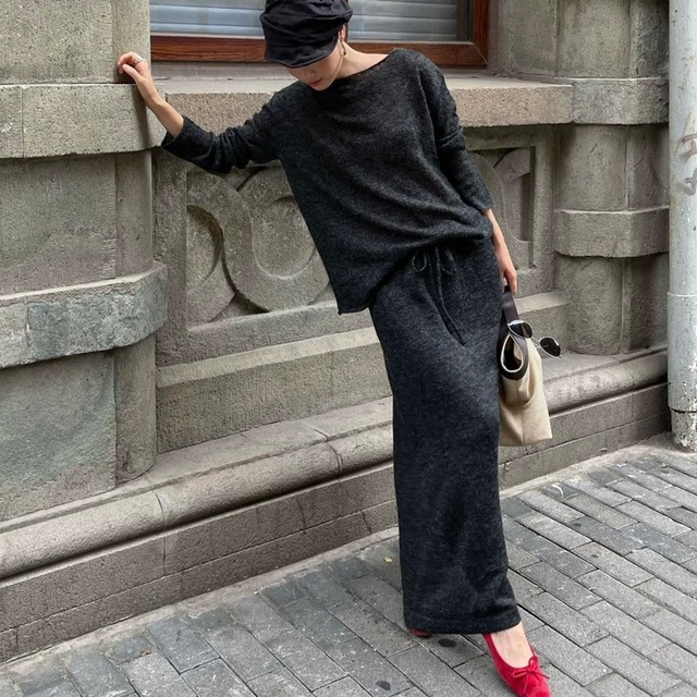 秋新作 ウエストマークゆったりニットトップス＆スカート 2点セット　YH9518