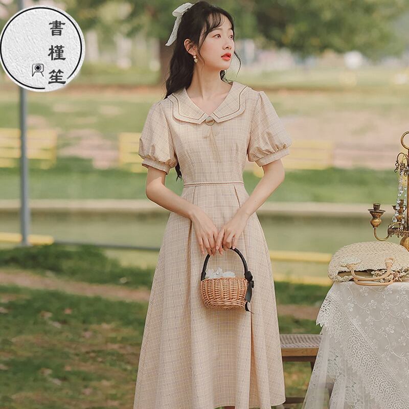 書槿笙シリーズ ワンピース ロング丈 半袖 夏 ドレス チェック柄 気質アップ デート ベージュ S M L Xl Elegant